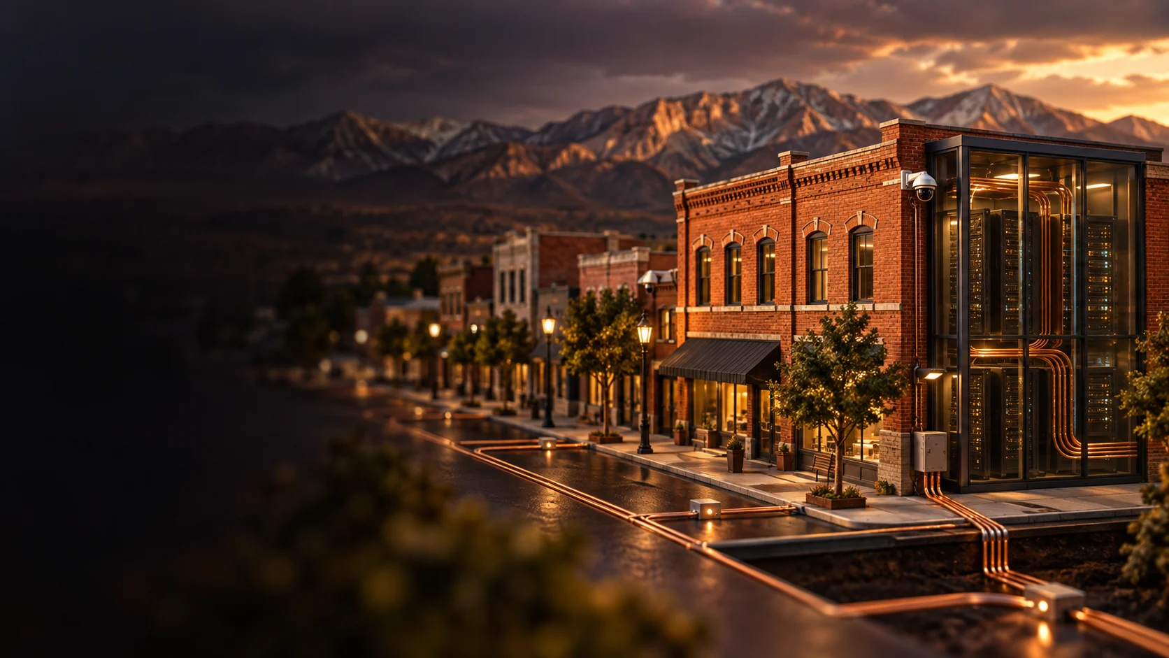 Conceptual Colorado business district connected by copper network lines