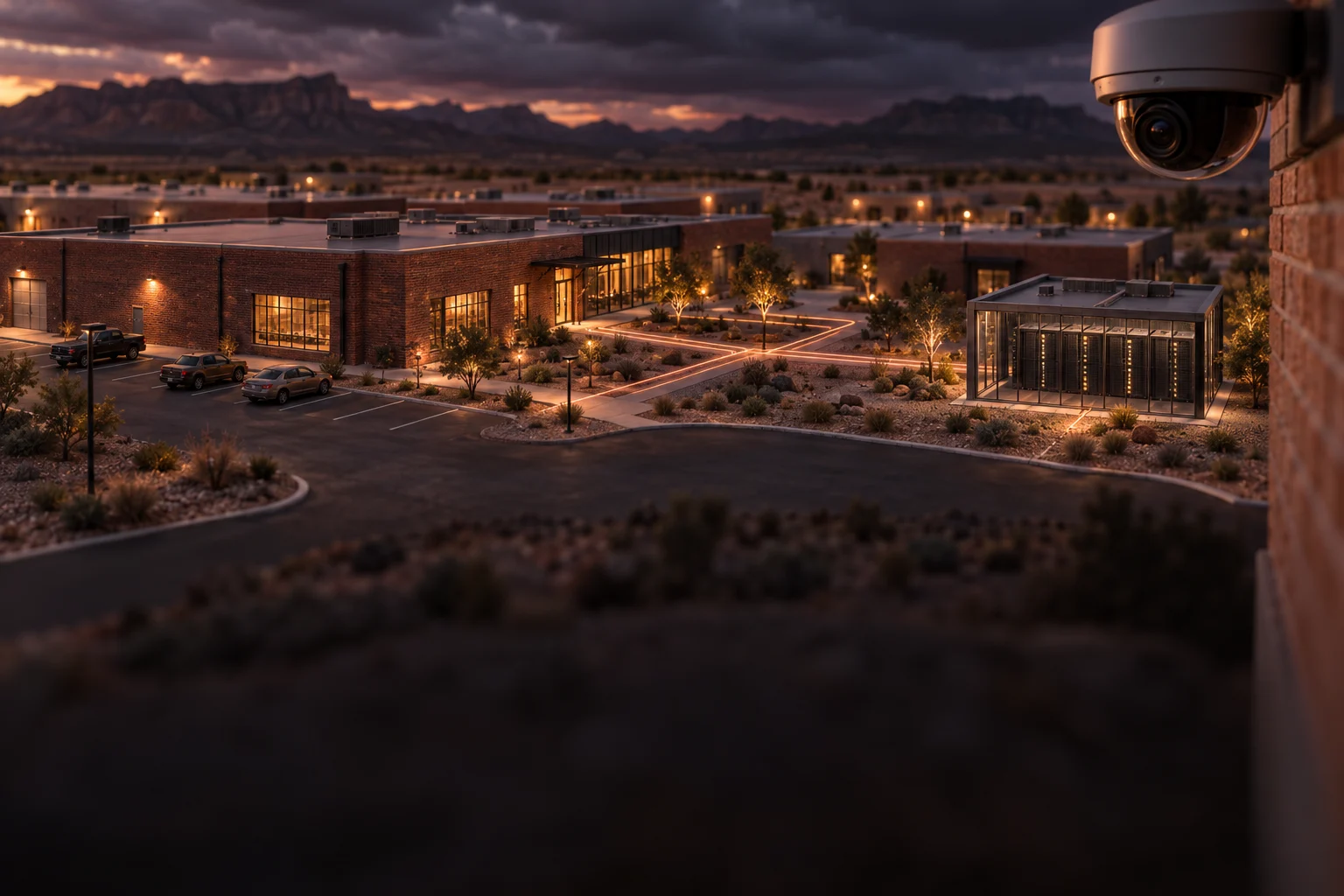 Conceptual architectural visualization of a business campus with integrated security